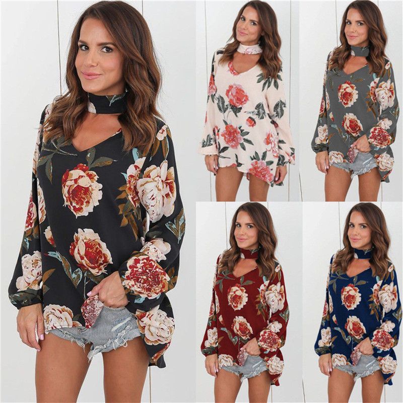 Compre 2018 Verão Das Mulheres Sexy Blusas Menina Manga Longa Floral Tops Blusa Camisa Blusas Femininas Casual Halter De Hutu74521514, $74,98 | Pt.Dhgate.Com