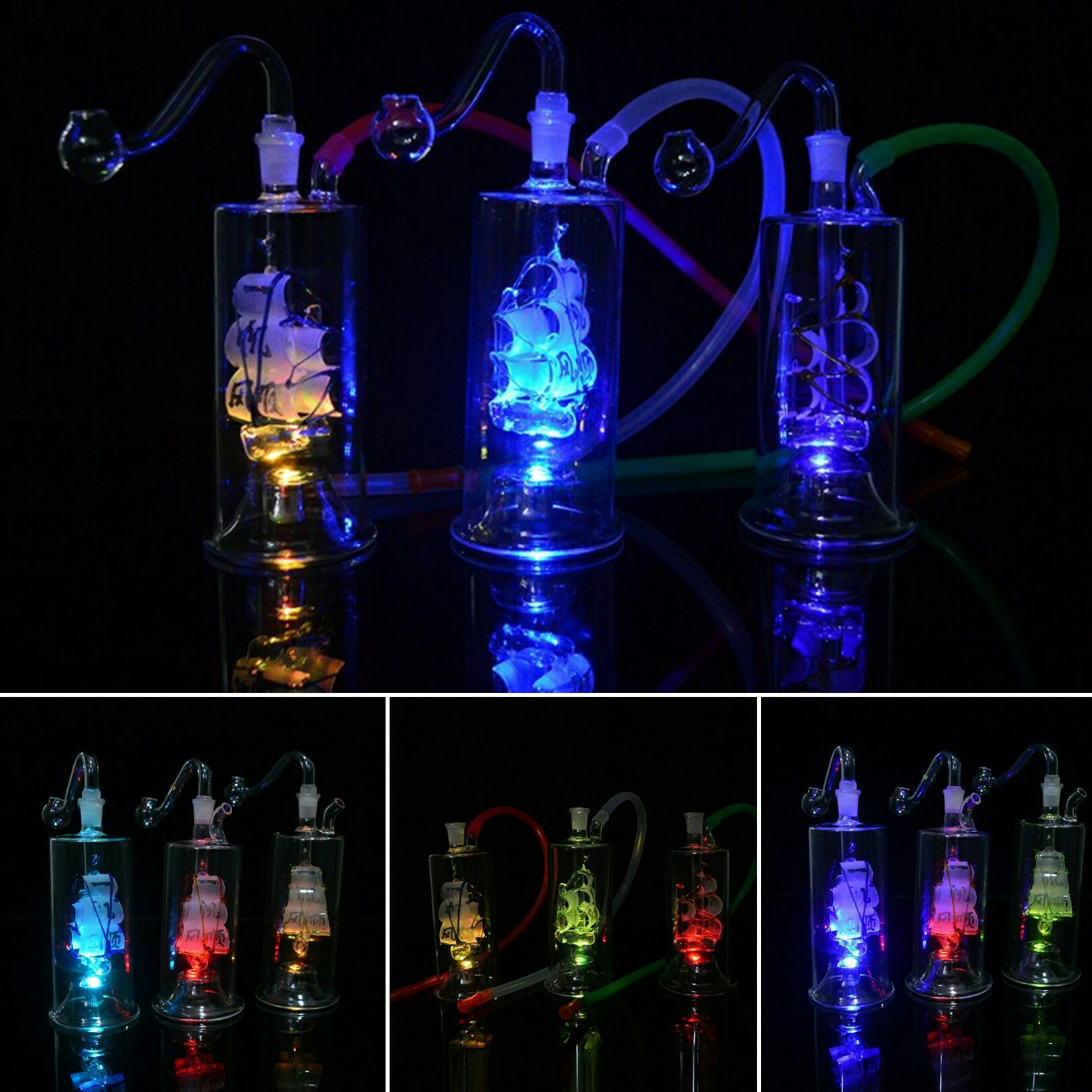 2021 5 Inch LED Sailboat Glass Bongs Water Pipe Creative Oil Rigs