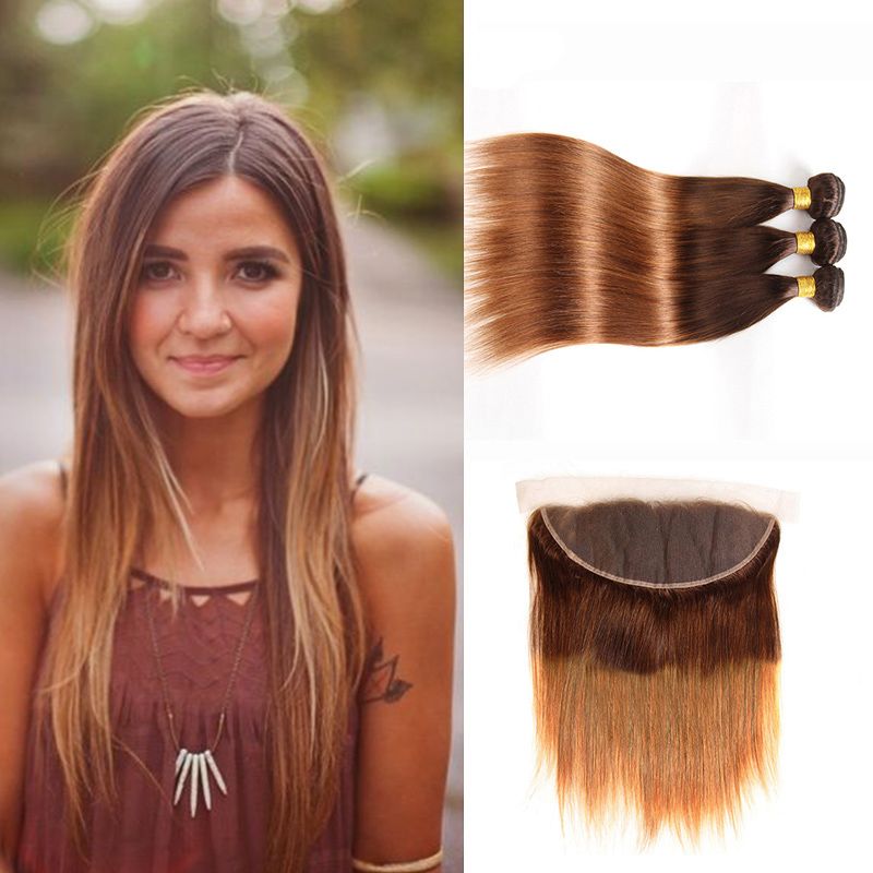 2019 Straight Ombre Colored Hair 3 Bundles With 13x4 Lace Frontal