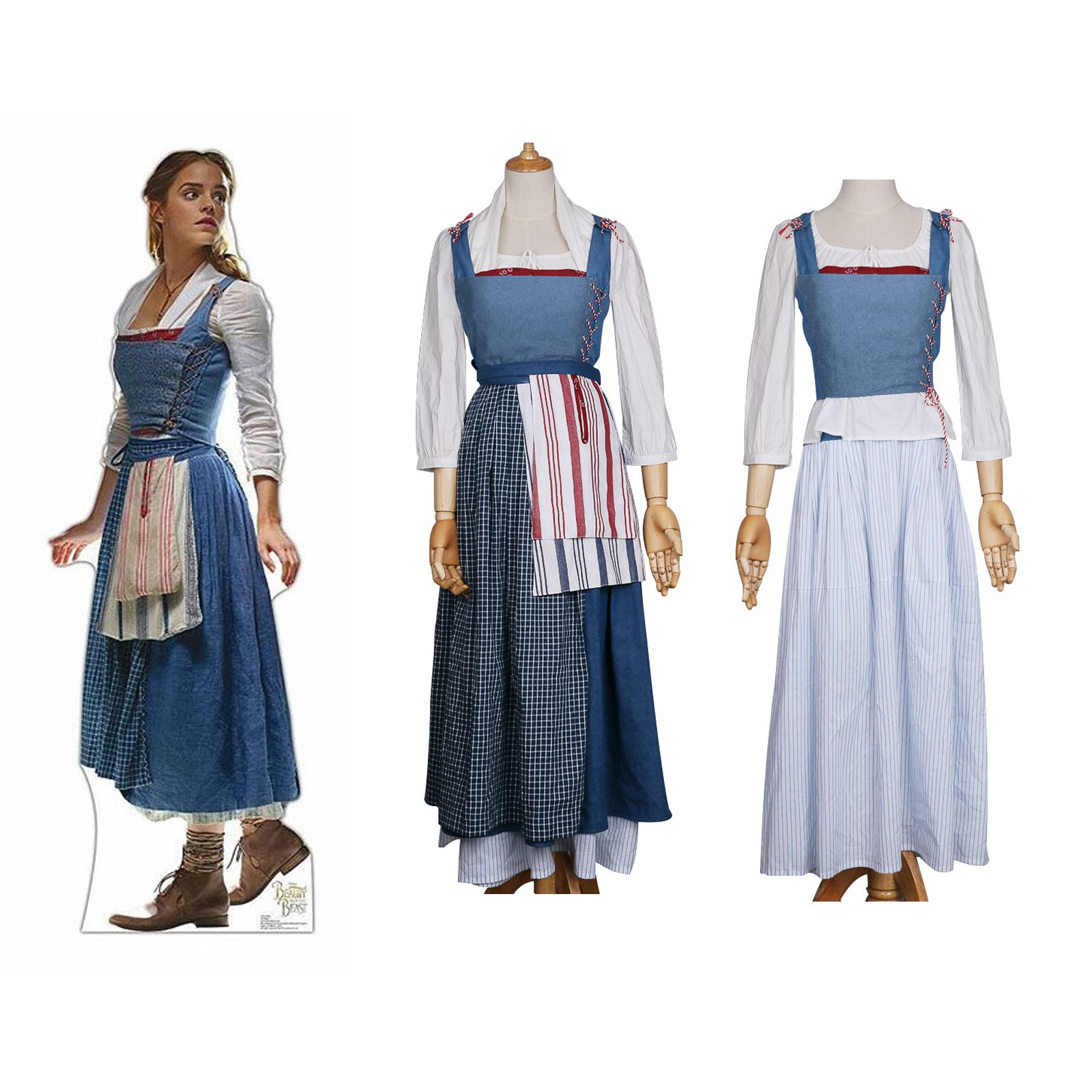 2017 Movie Beauty and the Beast Belle Blue Maid Costume Cosplay Dress Full Set