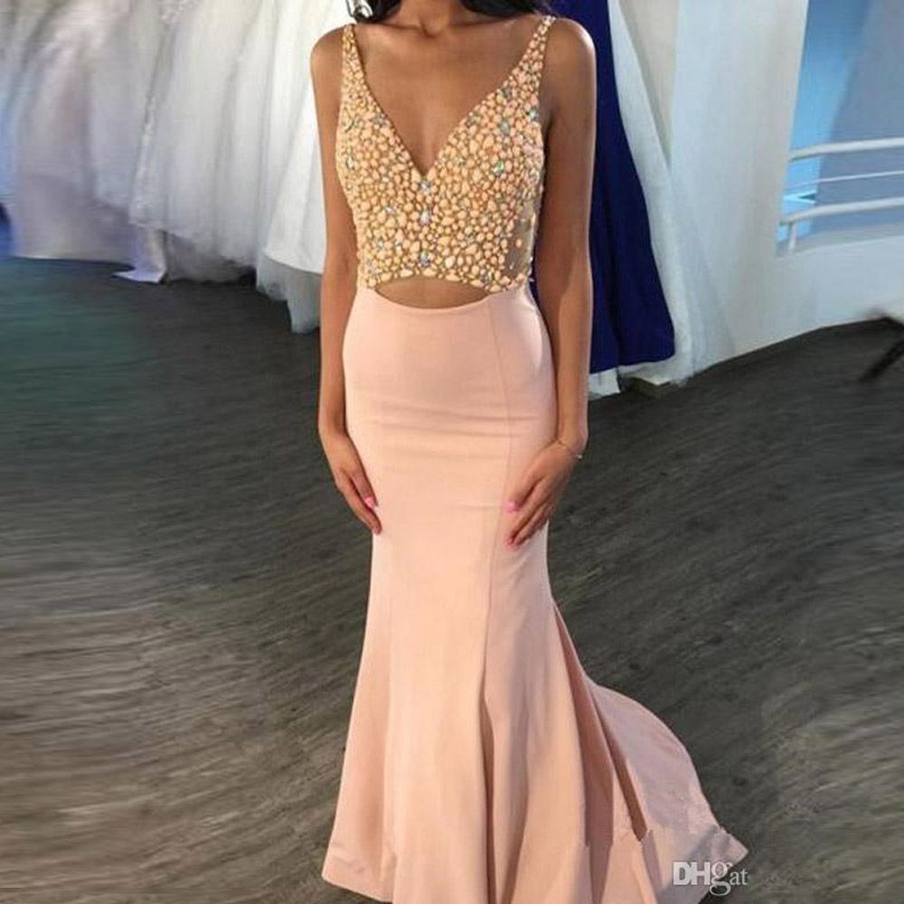 light pink beaded prom dress