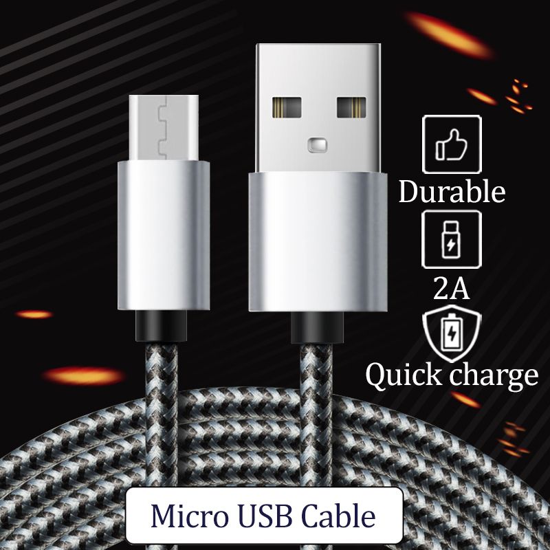 2.0M Android Micro Usb Cable Long Strong Braided USB Charger Cable Data Line Metal Plug Charging