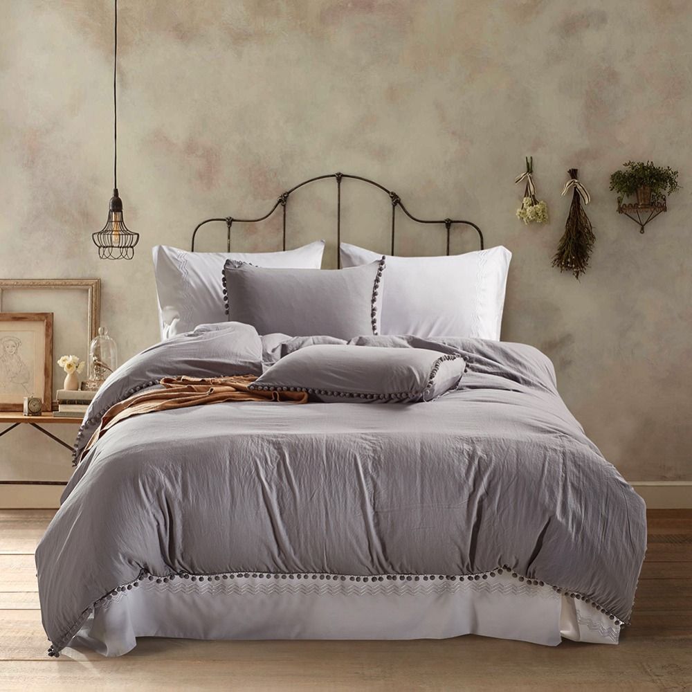 Elegant Solid Grey Color Paern Home Dorm Bedding Duvet Cover Set