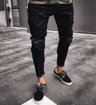 Black Pants for Men Hip Hop Rock Holes Ripped Jeans Biker Slim Fit Zipper Jean Distressed Pants