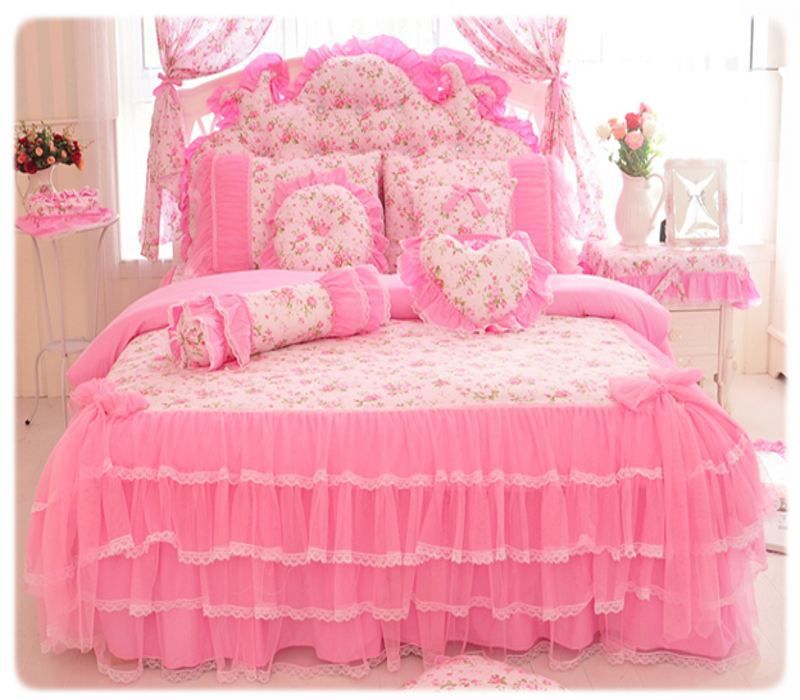 Wholesale Korea Pink Princess Bedding Set Home Textile Lace Bow