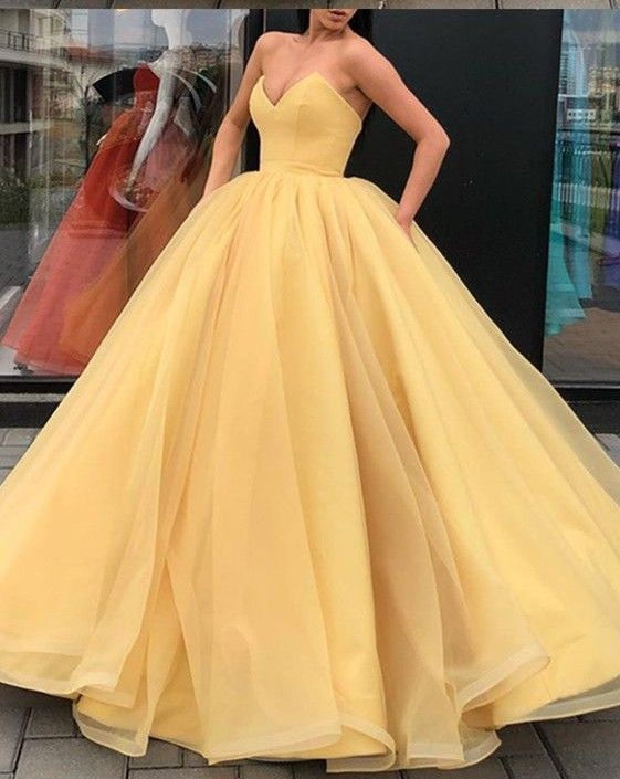 yellow strapless gown