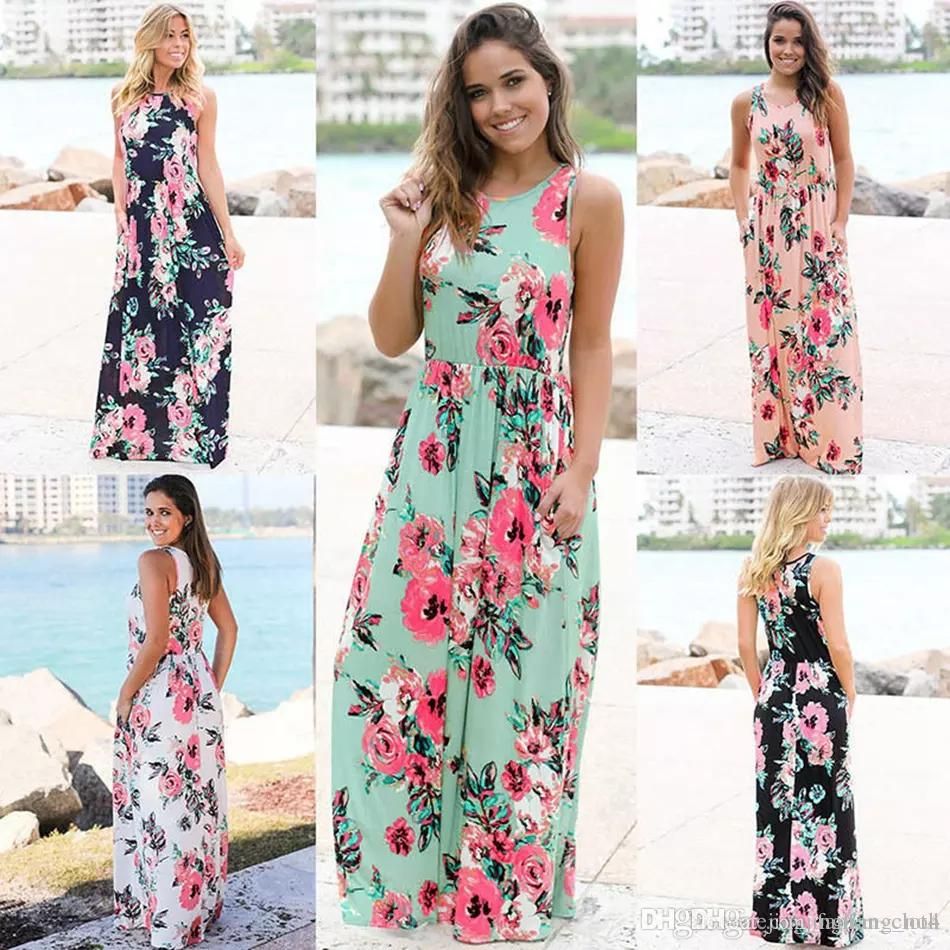 Nuevos vestidos de verano para mujer con estampado floral sin mangas boho vestido fiesta