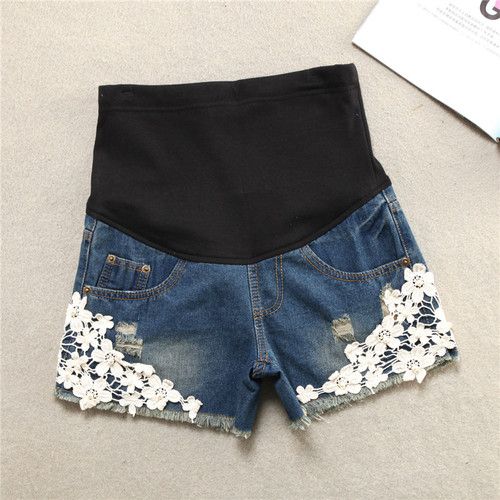 2020 Lace Decorate Dark Blue Elastic Waist Maternity Belly Shorts