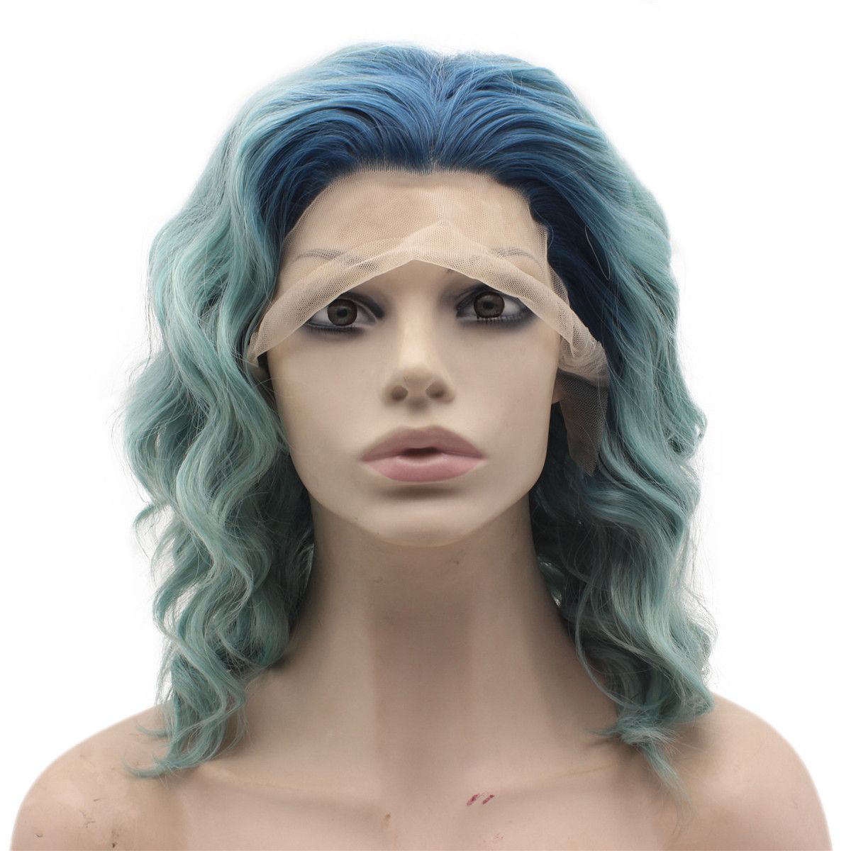 Shoulder Length Wavy Two Tone Blue Ombre Lace Front Wig Synthetic