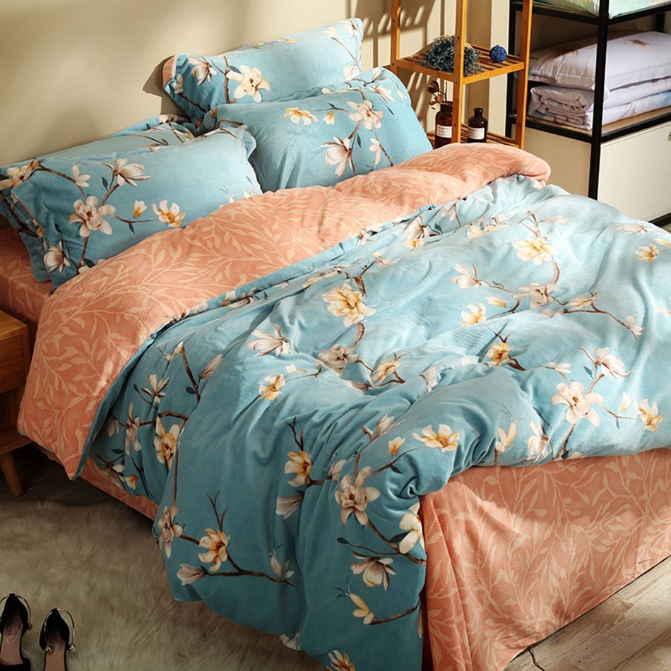 Light Blue Flannel Bedding Sets For Adults Flowers Fleece Duvet