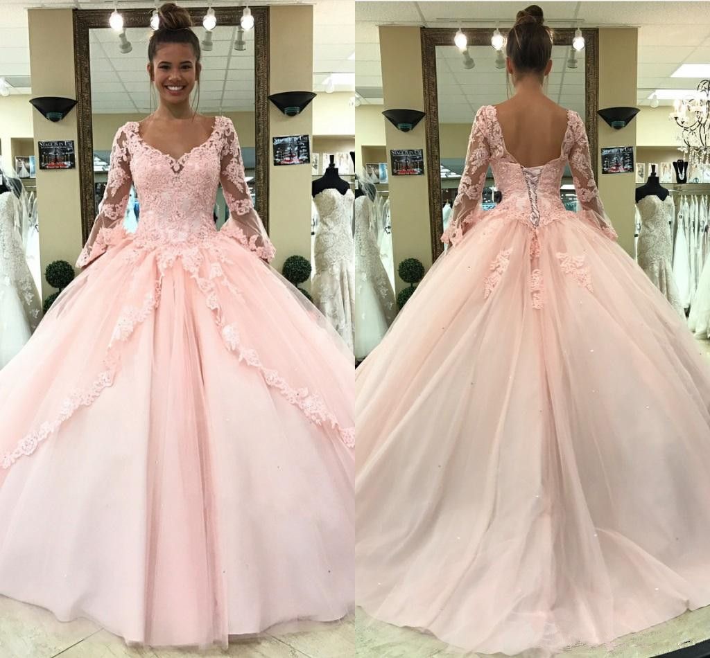 2018 Light Pink Quinceanera Dresses Long Sleeves Ball Gown Princess