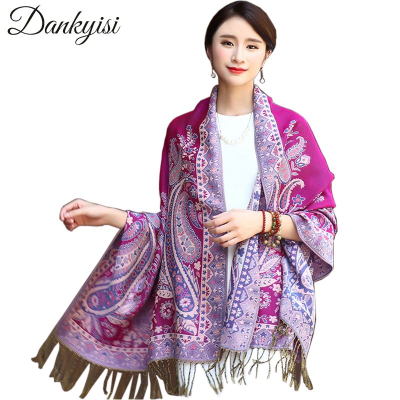 DANKEYISI Mujeres de étnicas Bufanda Jacquard Bufandas Estampado floral Damas largas Pashminas Moda Estola india