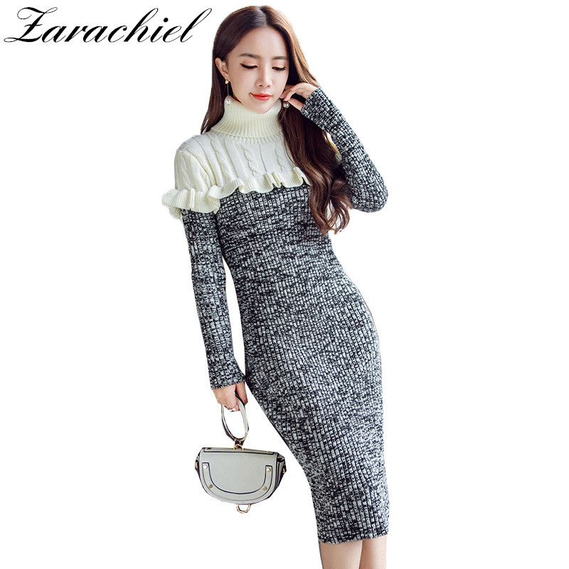 Acheter Zarachiel élégant Col Roulé Longue Robe Pull Tricotée Hiver Femmes Laine Moulante Robe Moulante à Volants Patchwork épais Pull De 435 Du
