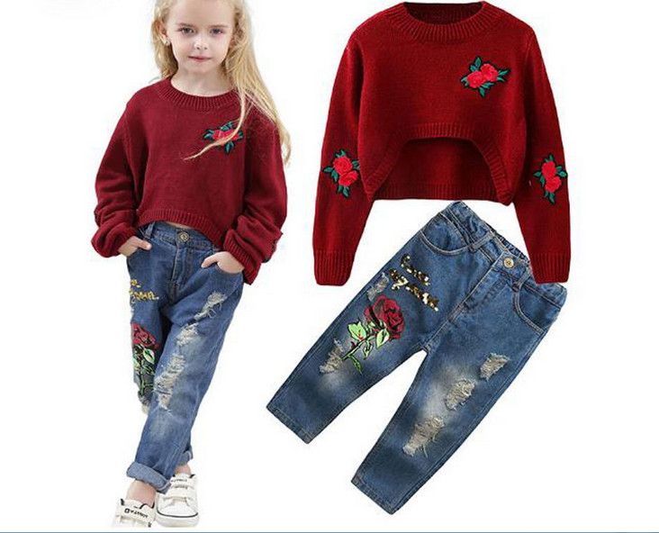 2020 2018 Kids Girls Sweater Jeans Suits Girls Long Sleeve Rose