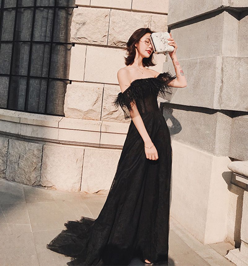 Off Shoulder Black Tulle Evening Prom 