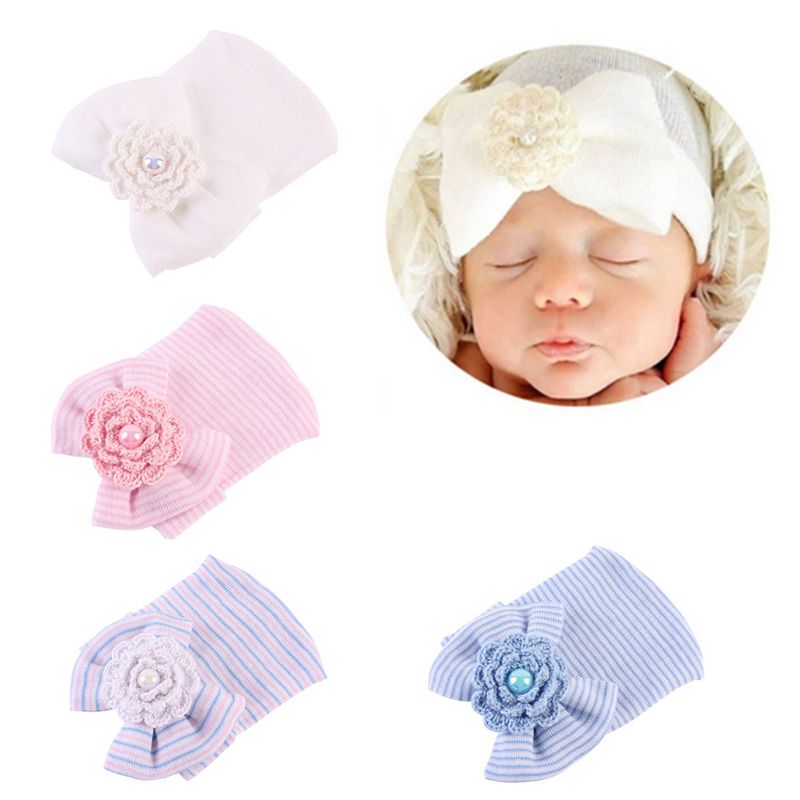 Toddler Infant Baby Girl Striped Comfy Cap Hospital Newborn Bowknot Beanie Hat