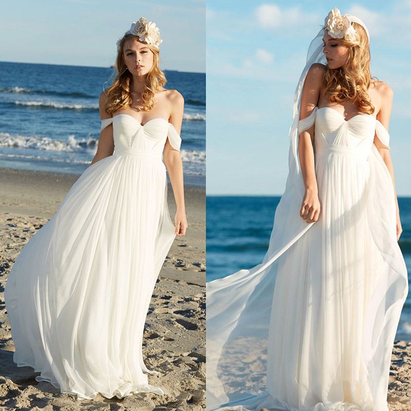 2018 vestidos de boda de playa estilo boho más simple fuera del hombro gasa