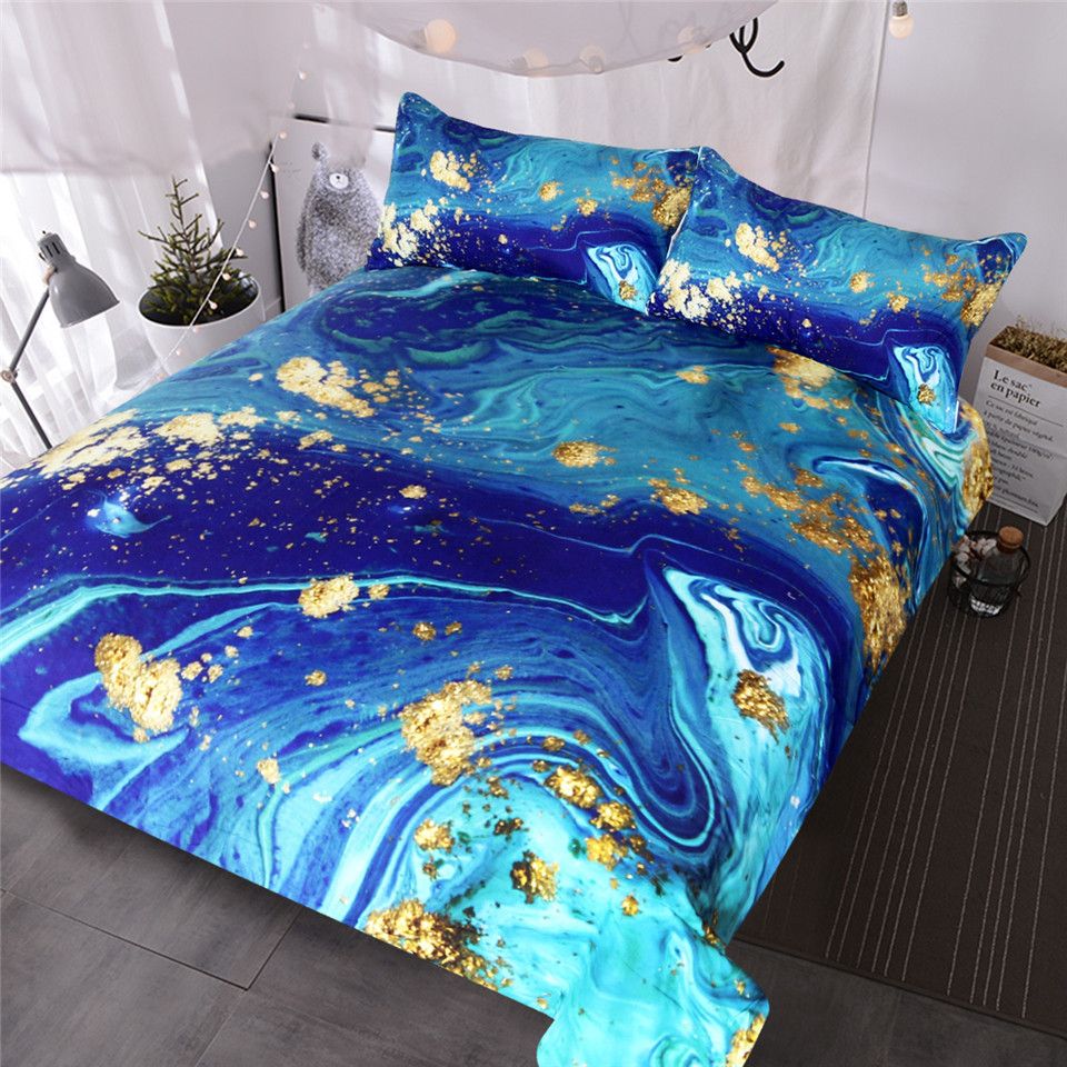 Marble Bedding Set Queen Golden Blue Turquoise Duvet Cover Set