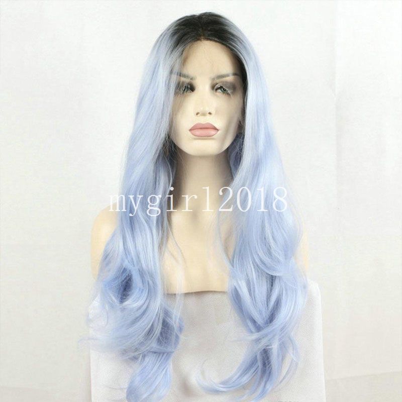Two Tone Natural Wavy Ombre Blue To Blonde Tips Synthetic Lace
