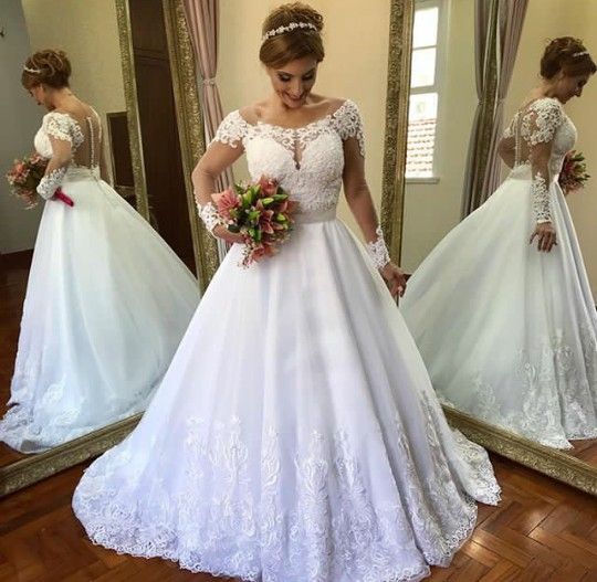 2019 Vestidos de novia elegantes con manga A-line Apliques de encaje con espalda cubierta