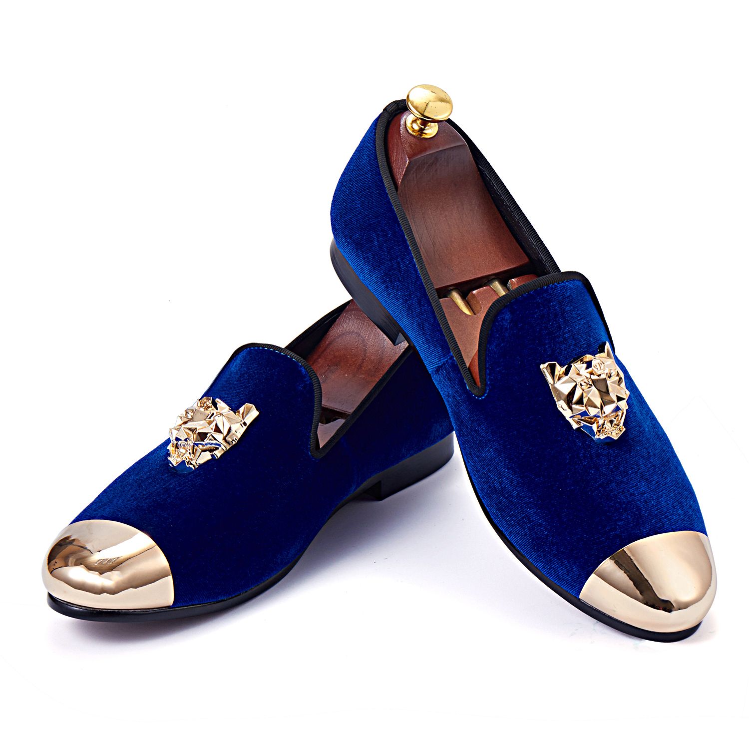 Harpelunde Copper Head Gold Buckle Dress Shoes Blue Velvet Wedding