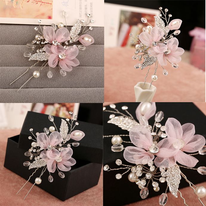 2020 Dower Me Pink Flower Bridal Hair Clip Pin Crystal Rhinestone