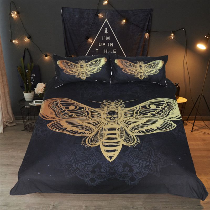 Bed Set Death Moth Skull Duvet Cover Bedding Set Black Golden Home