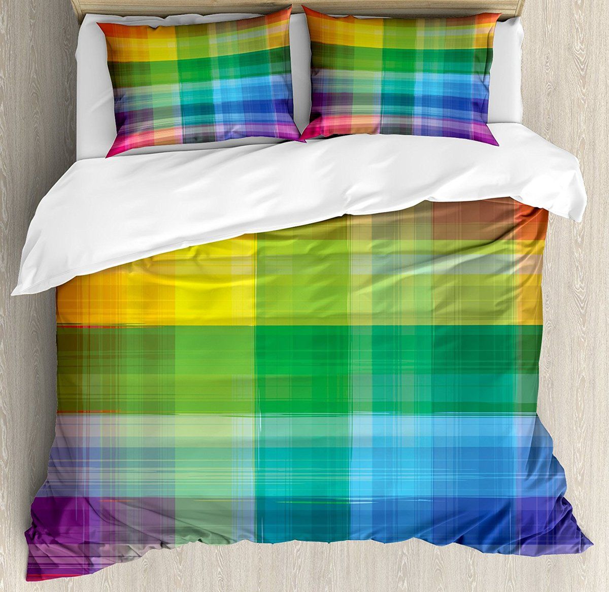 Vintage Rainbow Duvet Cover Set Retro Plaid Design Checkered