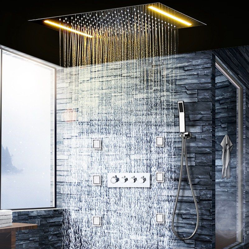 2019 Modern Led Rain Shower Set With Led Lights With Handshower Body Jet Massage Thermostatic Mixer Bathroom Ceiling Shower Head Faucets From Flymall