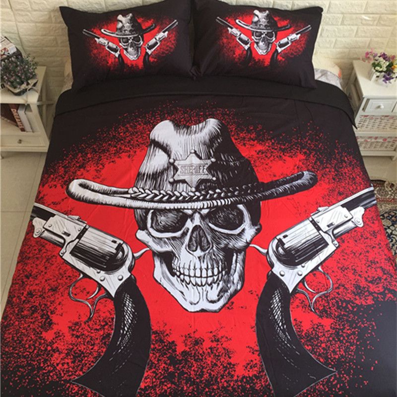 Skull And Gun Pattern Bed Sheet Black And Red Duvet Cover Sets For