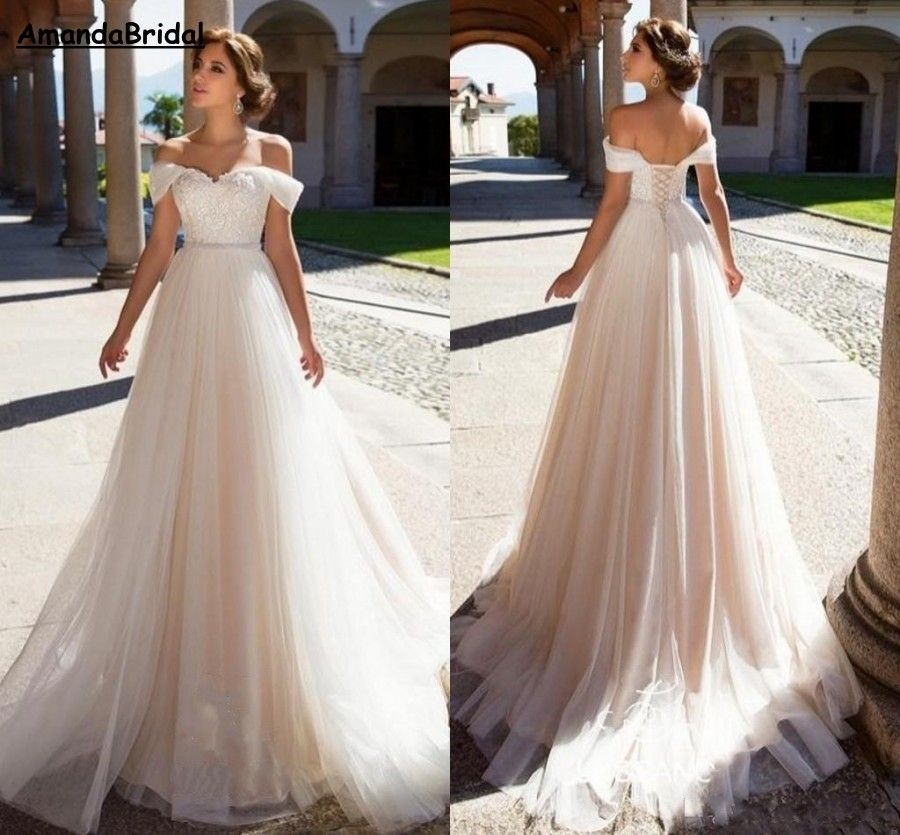 Amandabridal Vintage Lace Beach Off Shoulder Wedding Dresses 2019