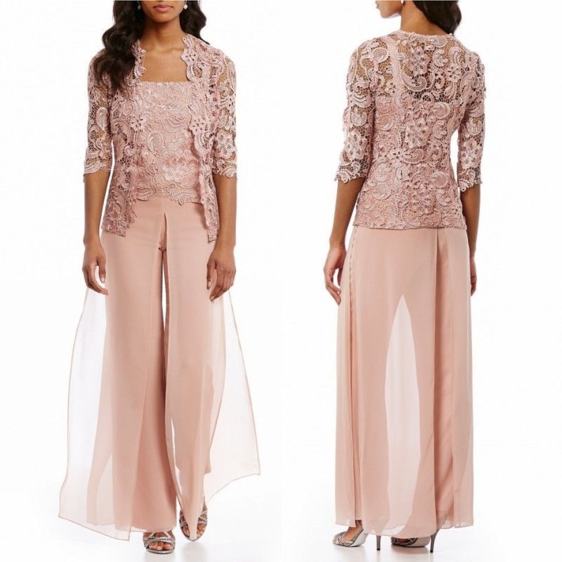Cheap Pink Mother Of The Bride Pant Suits With Jacket Chiffon Lace ...