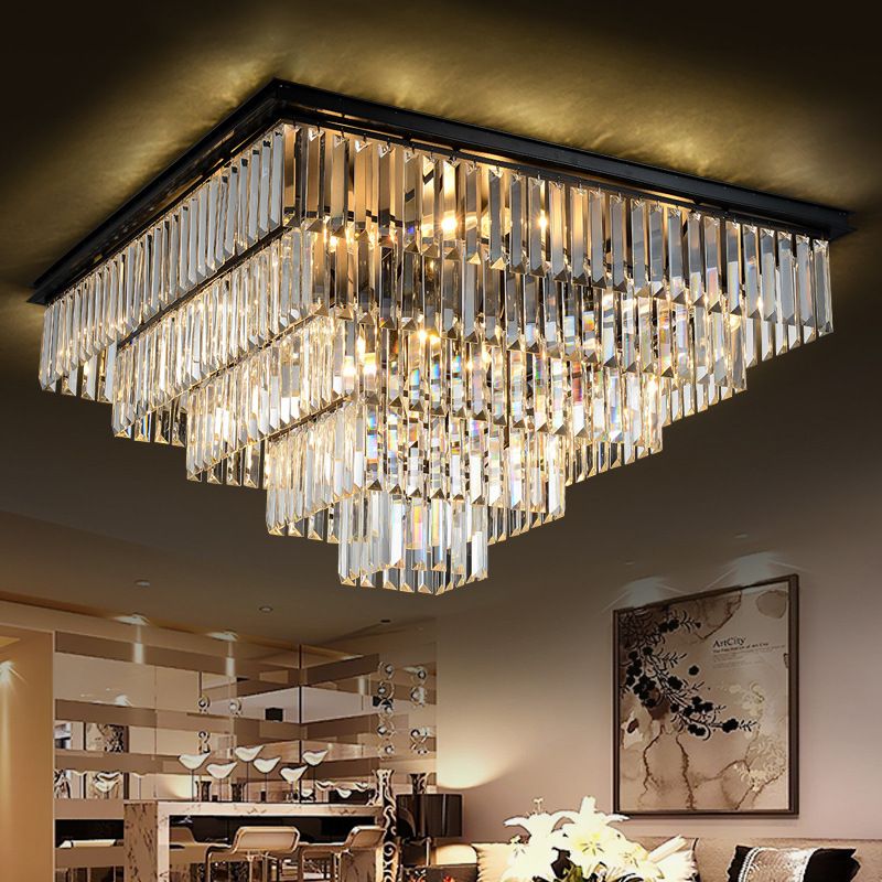 Modern Square Crystal Chandelier Light Fixture Clear
