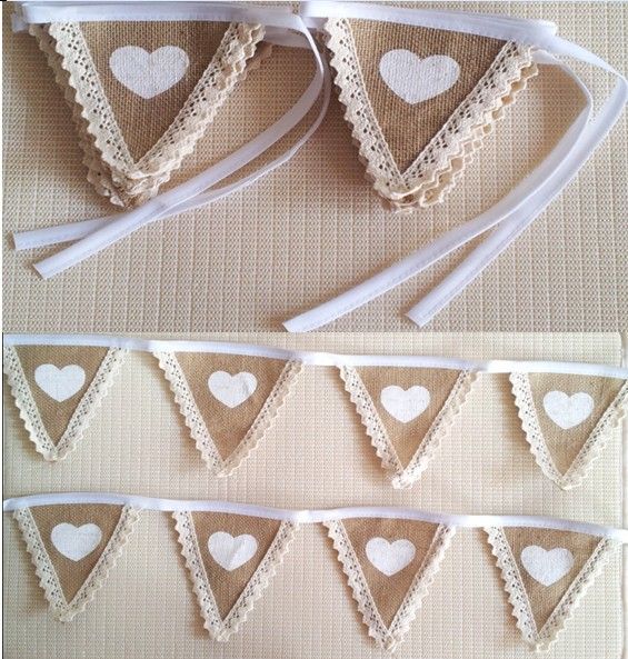 2020 Lace White Hearts Burlap Bunting Banners Vintage Rustic Chic