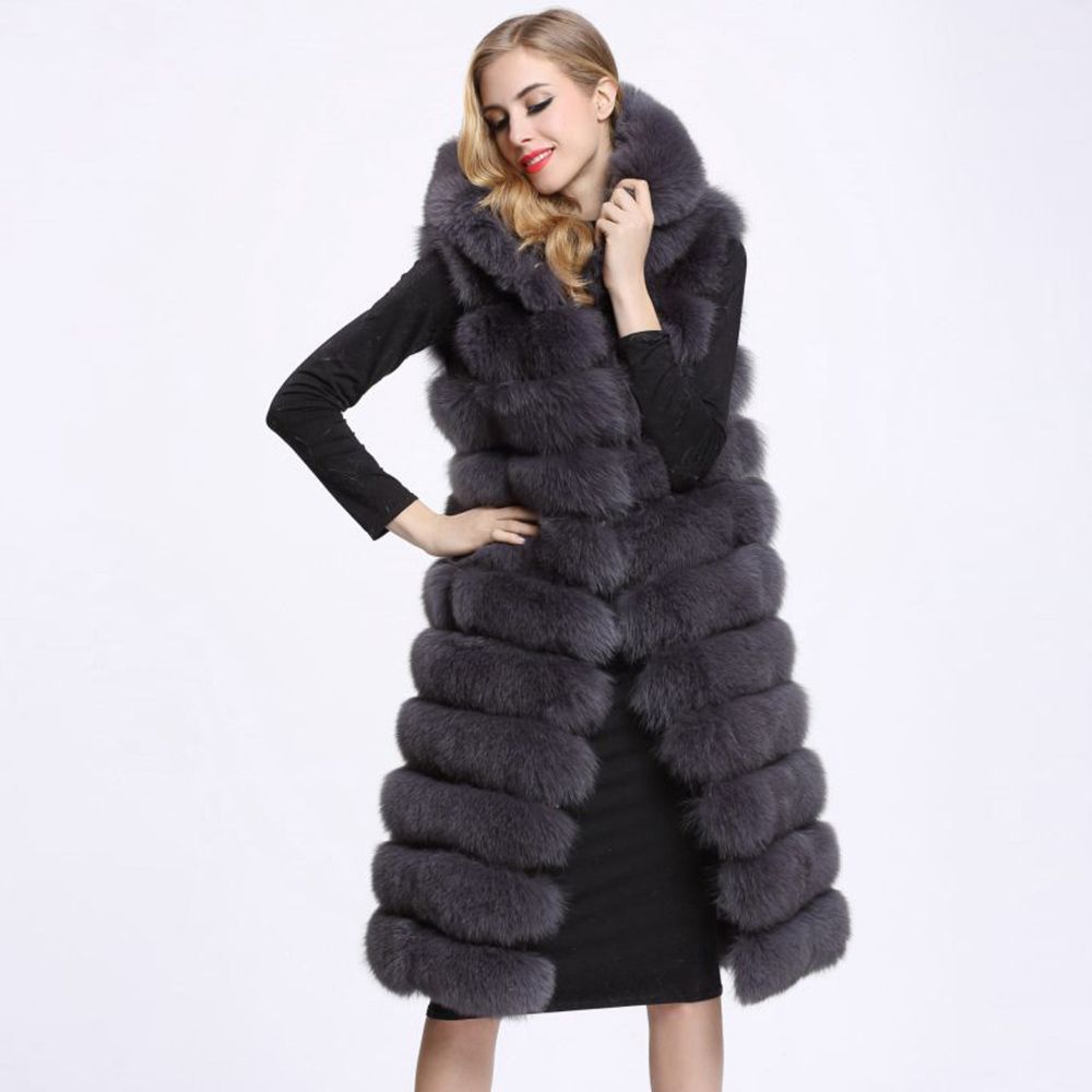 Mujer de invierno Largo Fallo de piel chaleco de pie de alta calidad 11 líneas con capucha de piel de piel femenina