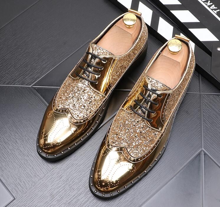 Men Fashion Glitter Gold Paillette Leather Shoes Male