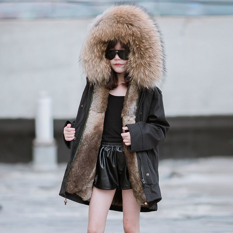Compre Ropa Para Niños Ropa De Nieve Chaqueta De Algodón Frío Invierno Negro Abrigo Largo Mujer De Conejo Forro De Piel De Conejo Con Capucha Parker Kids Coat A 153,78 € Del