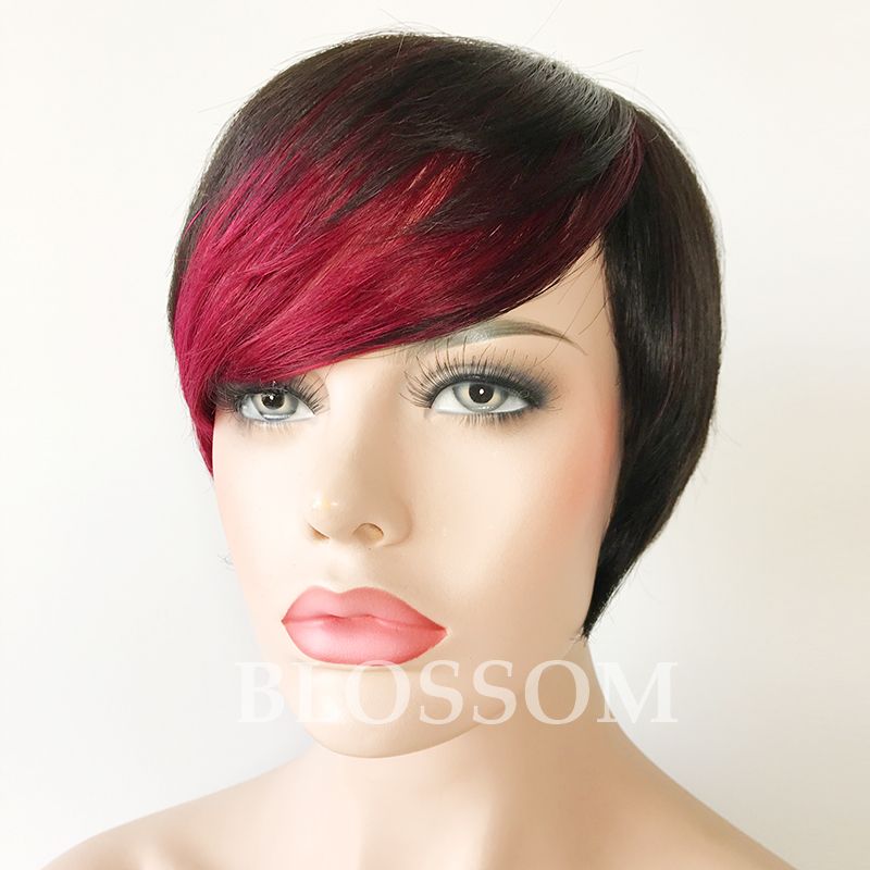 Short Human Hair Wigs Red Highlight Bangs Pixie Cut Capless Human Hair Wigs  For Black Woman From Varietyqueenhair, $24.17 | Dhgate.Com