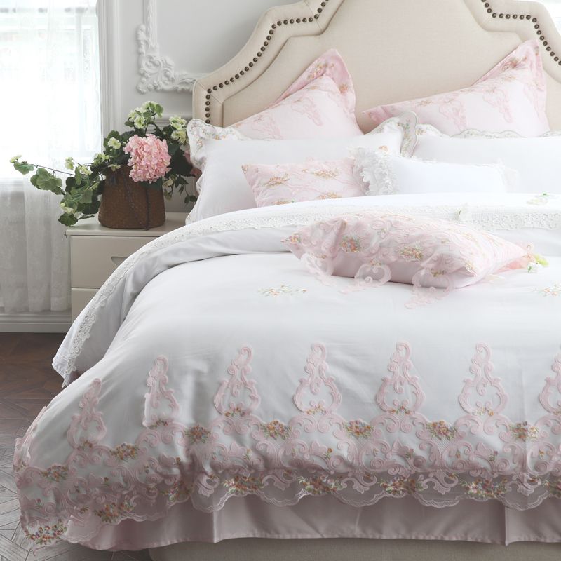 60s Egyptian Cotton Luxury White Princess Girl Bedding Set Pink