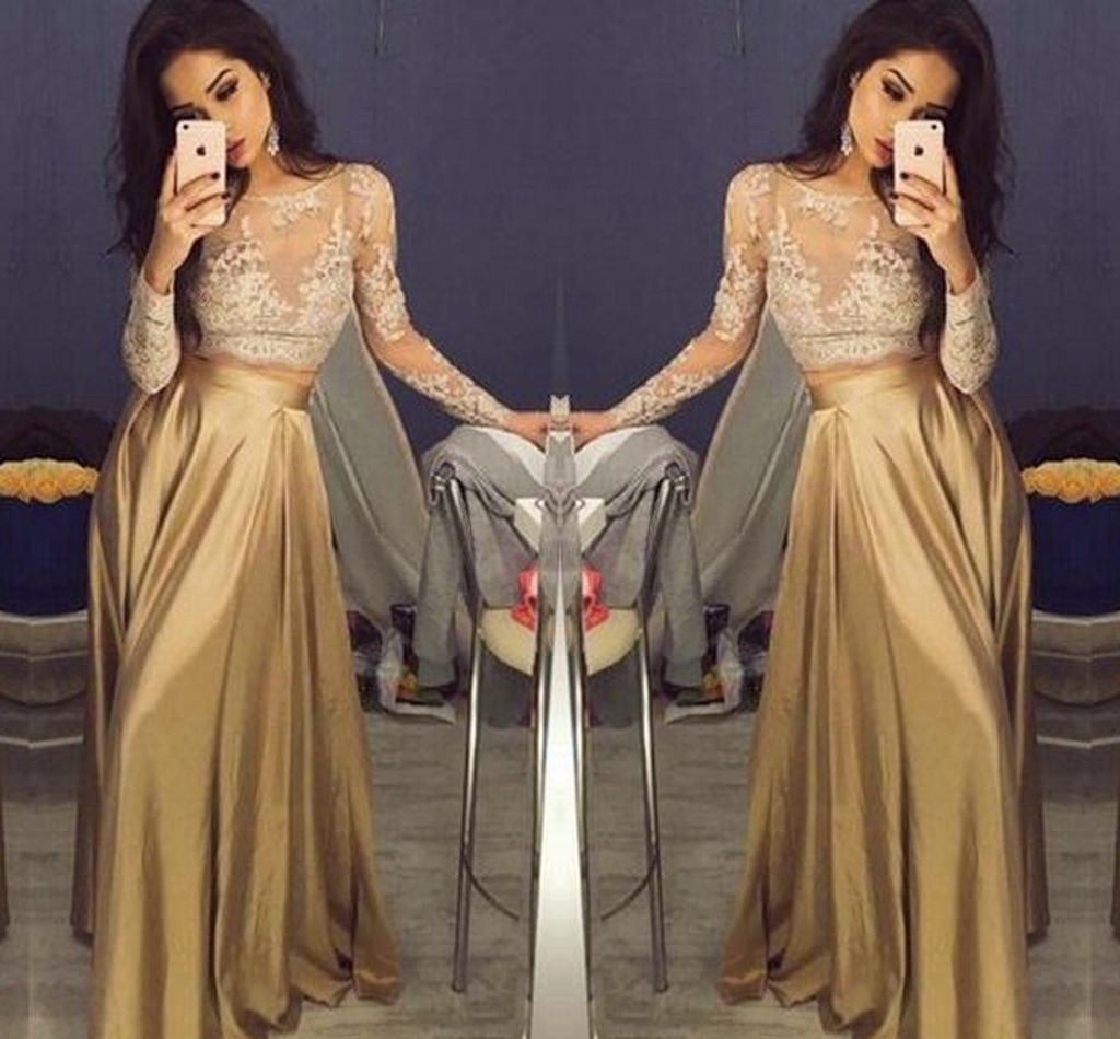 Großhandel Schöne Spitze Lange Hülsen Gold Zweiteilige Abendkleider 12 Satin Günstige Abendkleider Sheer Goldene Mutter Der Braut Partei Kleider Großhandel Schöne Spitze Lange Hülsen Gold Zweiteilige Abendkleider 12 Satin Günstige Abendkleider Sheer Goldene Mutter Der Braut Partei Kleider