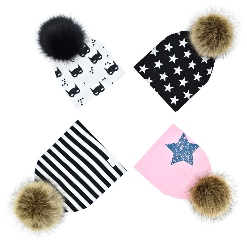 Warm Fur 16cm Double Pom Pom Hat Winter Knit Bobble Beanie Cap Baby Boys Girls