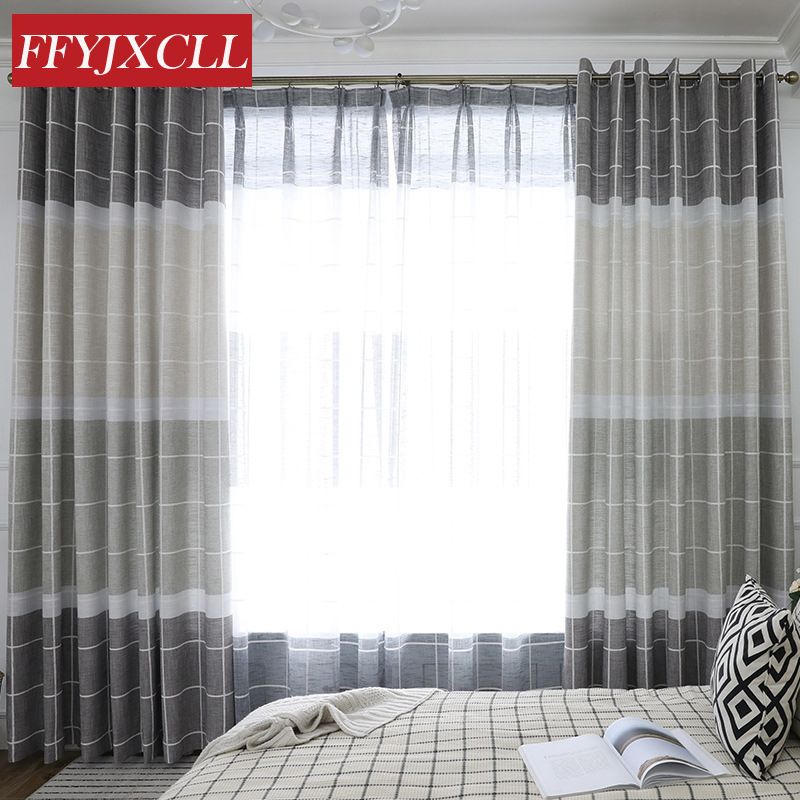 2019 Nordic Modern Stitching Cotton Linen Plaid Blackout Curtains