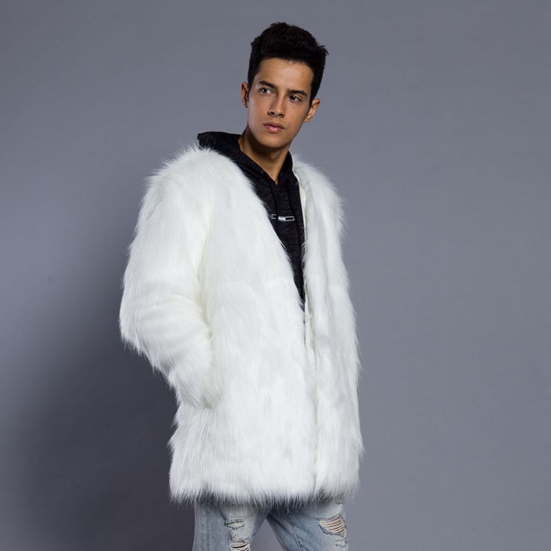 2022 Faroonee Faux Fur Coat For Men, White Fake Fur Coat Short Sleeve Mens
