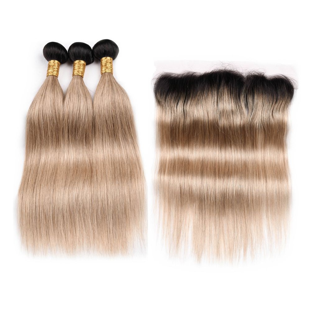 Ombre Color Blonde 1b 27 Straight Hair Weaves With Lace Frontal 13x4 Free Part Ear To Ear Frontal With 9a Virgin Hair 3bundles Extension Weft Seamless