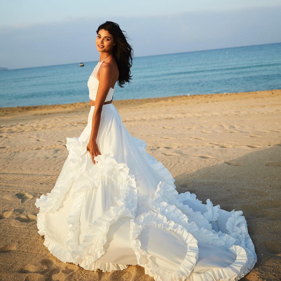Discount Ivory Two Pieces Beach Wedding Dresses Sequined Jewel Neck A