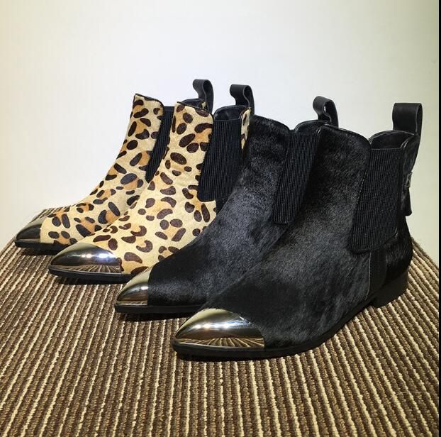 Pferdehaar Stiefel Ferse Flache Spitze Martin Leder Weibliche Zehen Leopardenmuster Mode 2017 Neue Echtem Metall Großhandel Winter Kurze Herbst K1cFJl