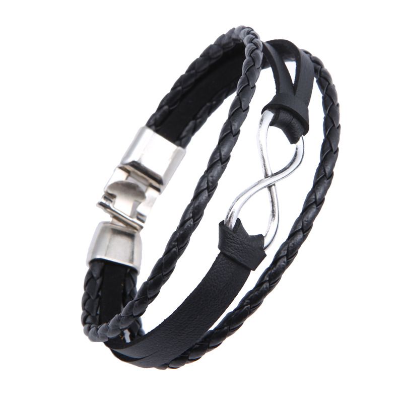 Fashion Mens Womens Stainless Steel Rhinestone Infinity Black Leather Bracelet