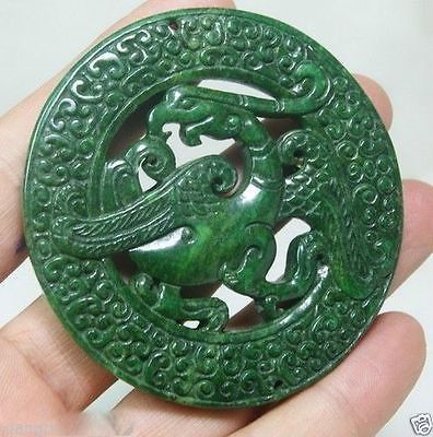 CHINESE OLD HANDWORK GREEN JADE CARVED DRAGON PENDANT 