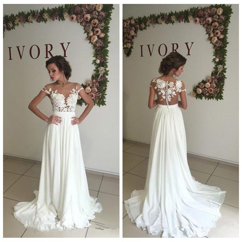 Grosshandel 2019 Vintage Chiffon A Linie Brautkleider Gunstige Sheer Rundhalsausschnitt Spitze Appliques Durchschauen Zuruck Boho Beach Long Brautkleider Von Deardressh 62 75 Auf De Dhgate Com Dhgate