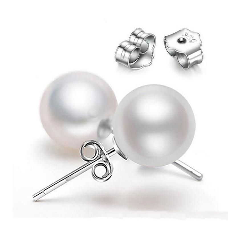 Round Pearl Ear Studs 925 Sterling Silver For Women and Girls